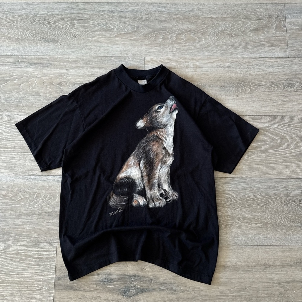 Vintage Black T-Shirt Graphic Wolf Print Single Stitch Size L Adult